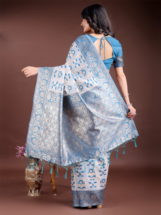 Sky Blue Linen Cotton Saree With Blouse Piece