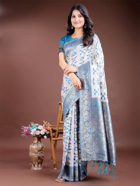 Sky Blue Linen Cotton Saree With Blouse Piece