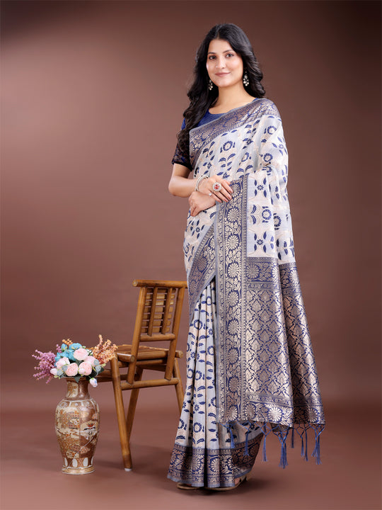 Navy Blue Linen Cotton Saree With Blouse Piece