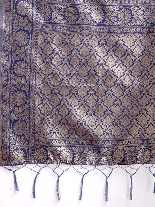 Navy Blue Linen Cotton Saree With Blouse Piece