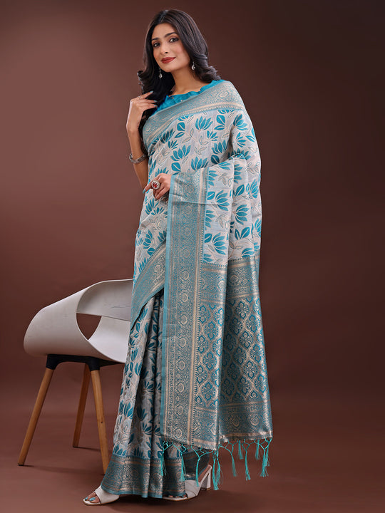 Sea Green Linen Cotton Saree With Blouse Piece