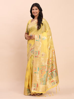 Yellow LINEN COTTON Saree With Blouse Piece