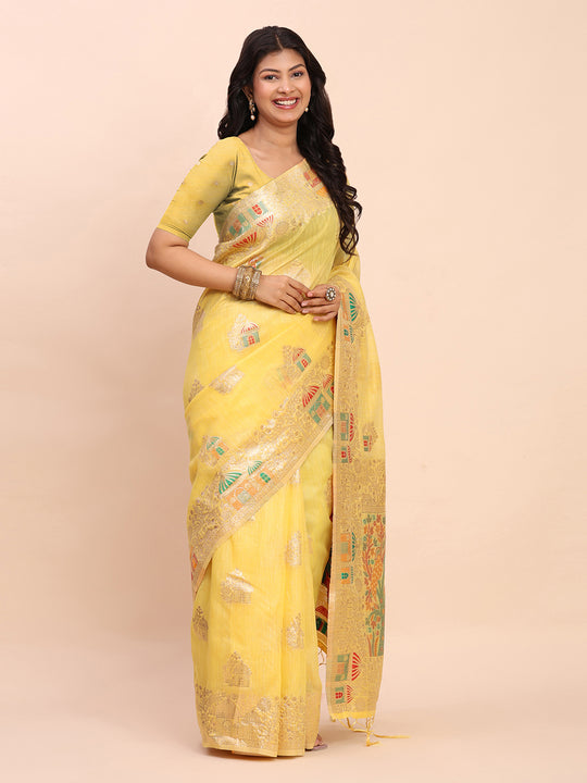 Yellow LINEN COTTON Saree With Blouse Piece