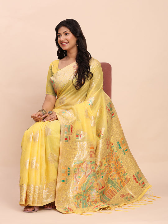 Yellow LINEN COTTON Saree With Blouse Piece
