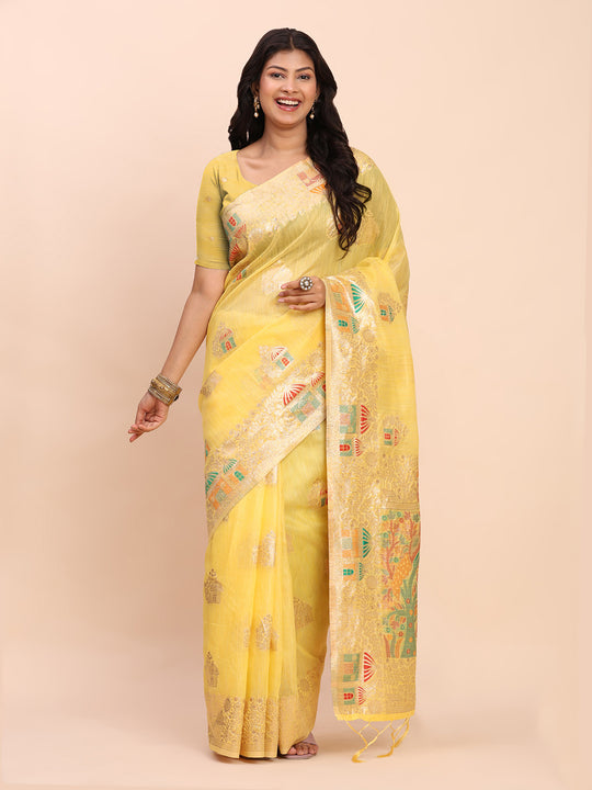 Yellow LINEN COTTON Saree With Blouse Piece