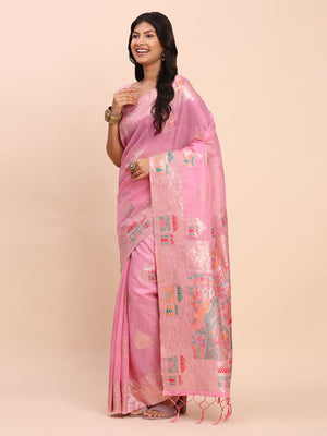 Pink LINEN COTTON Saree With Blouse Piece