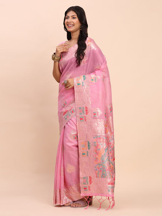 Pink LINEN COTTON Saree With Blouse Piece