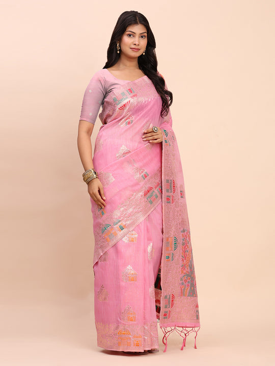 Pink LINEN COTTON Saree With Blouse Piece