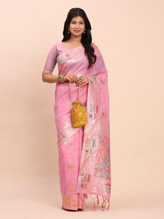 Pink LINEN COTTON Saree With Blouse Piece