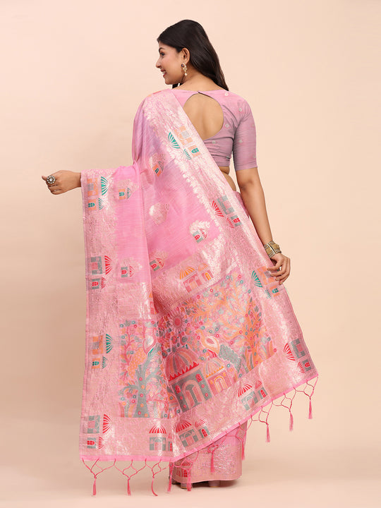 Pink LINEN COTTON Saree With Blouse Piece