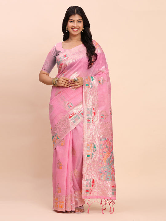 Pink LINEN COTTON Saree With Blouse Piece