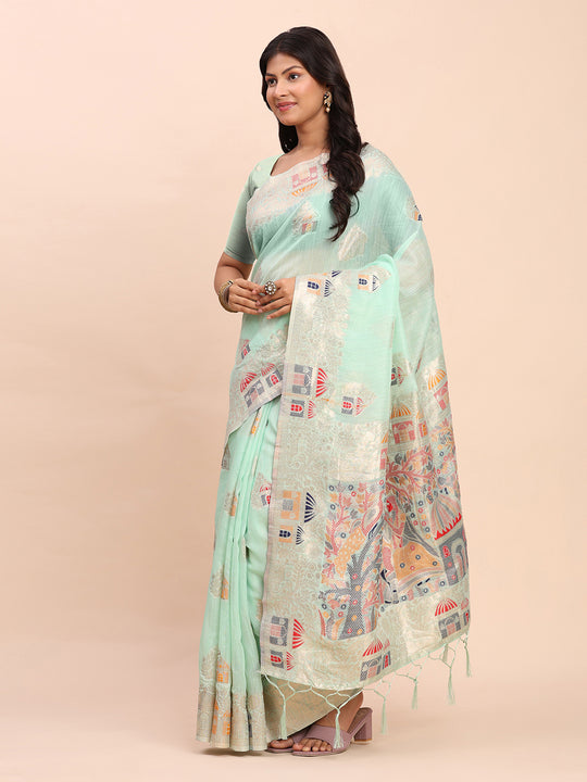Sea Green LINEN COTTON Saree With Blouse Piece