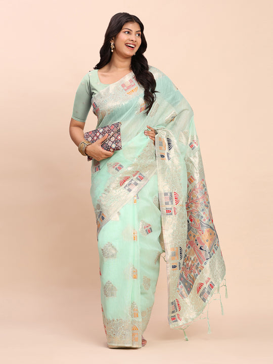 Sea Green LINEN COTTON Saree With Blouse Piece