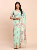 Sea Green LINEN COTTON Saree With Blouse Piece