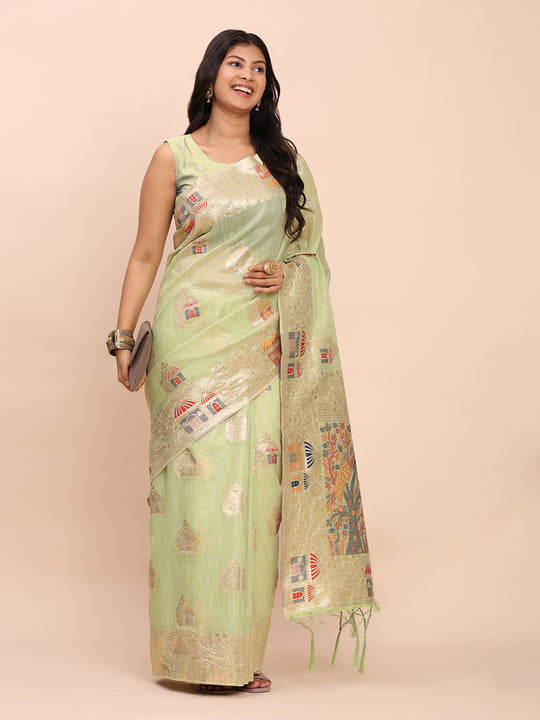 Light Green LINEN COTTON Saree With Blouse Piece