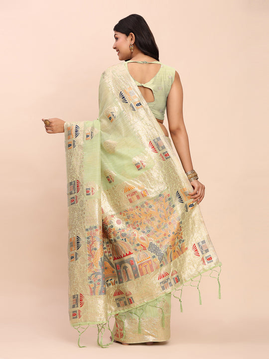 Light Green LINEN COTTON Saree With Blouse Piece