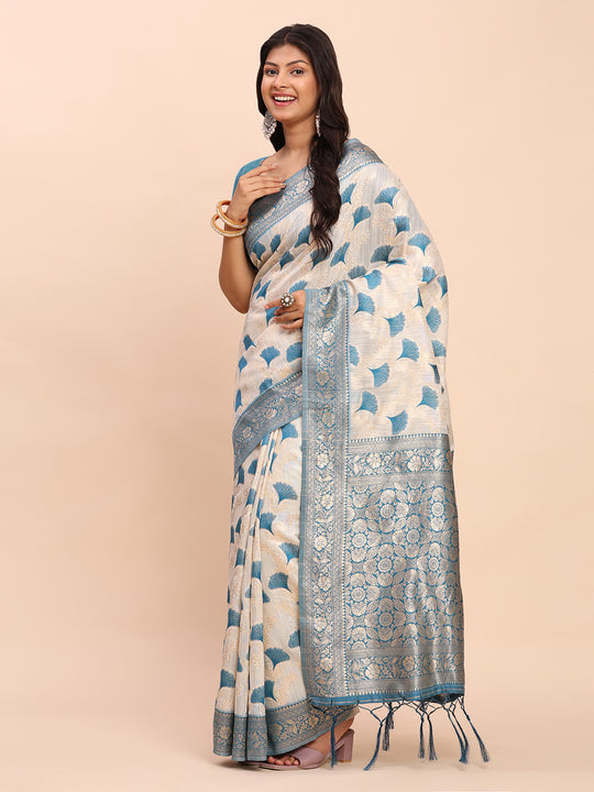 Sky Blue Linen Cotton Saree With Blouse Piece