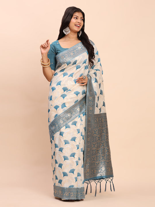 Sky Blue Linen Cotton Saree With Blouse Piece