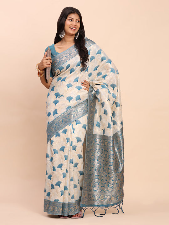 Sky Blue Linen Cotton Saree With Blouse Piece