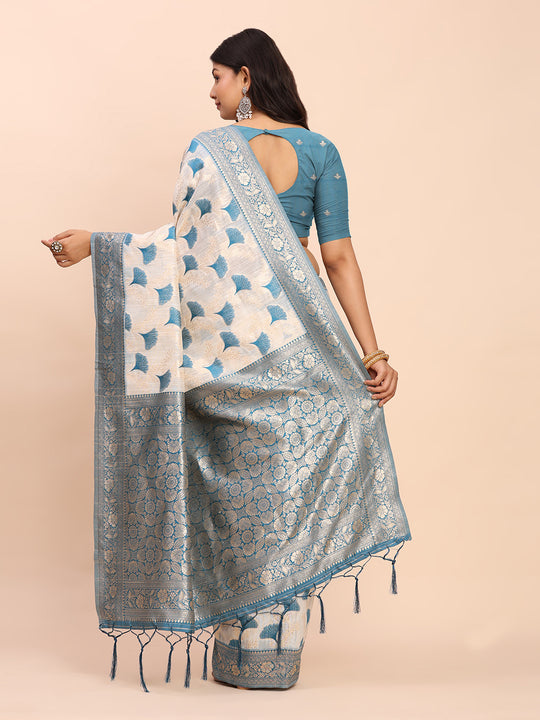 Sky Blue Linen Cotton Saree With Blouse Piece