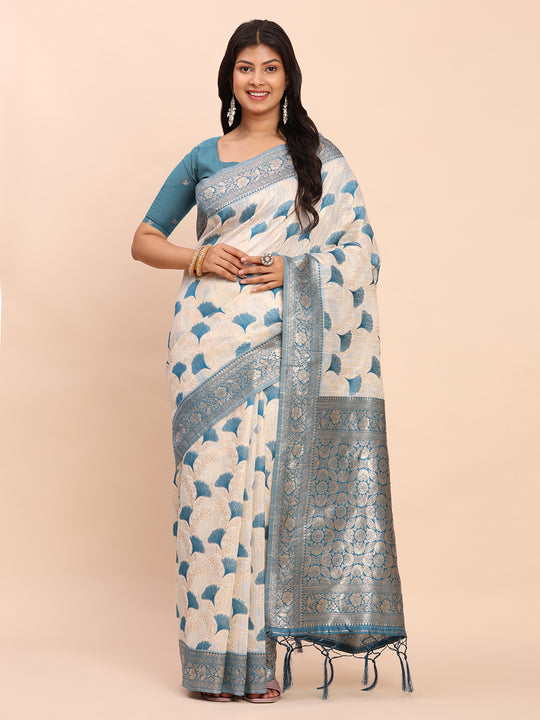 Sky Blue Linen Cotton Saree With Blouse Piece