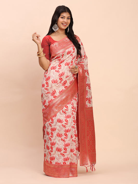 Red Linen Cotton Saree With Blouse Piece