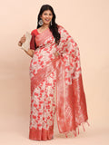 Red Linen Cotton Saree With Blouse Piece