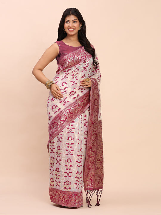 Purple Linen Cotton Saree With Blouse Piece