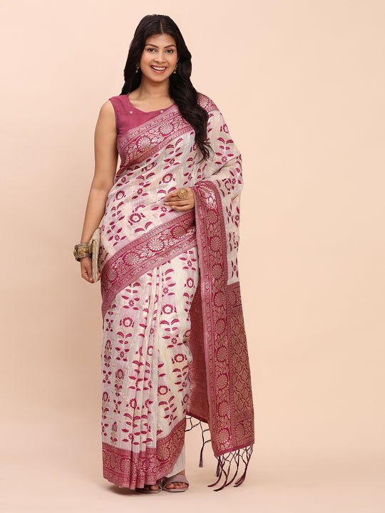 Purple Linen Cotton Saree With Blouse Piece