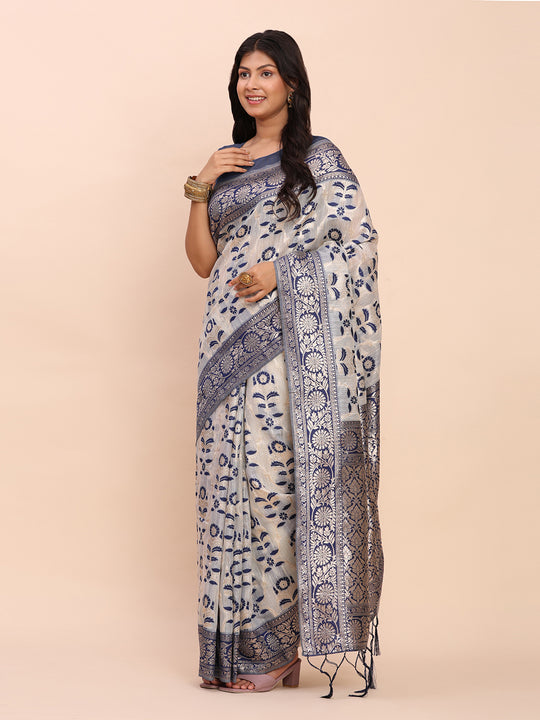 Navy Blue Linen Cotton Saree With Blouse Piece