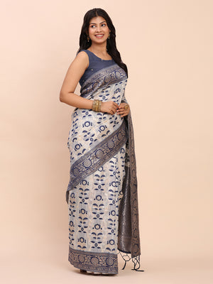 Navy Blue Linen Cotton Saree With Blouse Piece