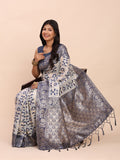 Navy Blue Linen Cotton Saree With Blouse Piece