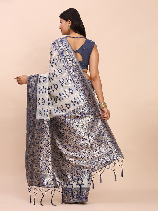 Navy Blue Linen Cotton Saree With Blouse Piece