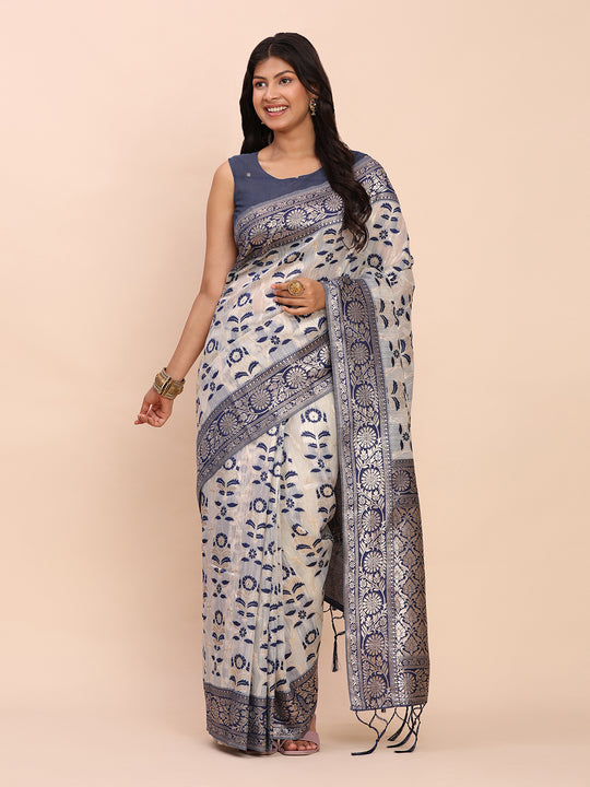 Navy Blue Linen Cotton Saree With Blouse Piece