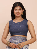 Navy Blue Linen Cotton Saree With Blouse Piece