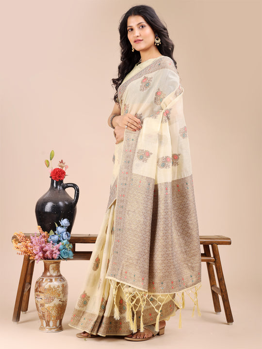 Cream Cotton Saree With Blouse Piece