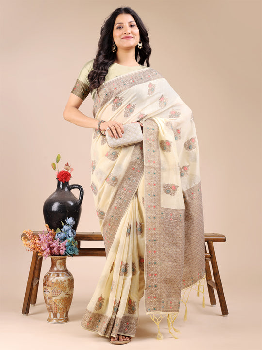 Cream Cotton Saree With Blouse Piece