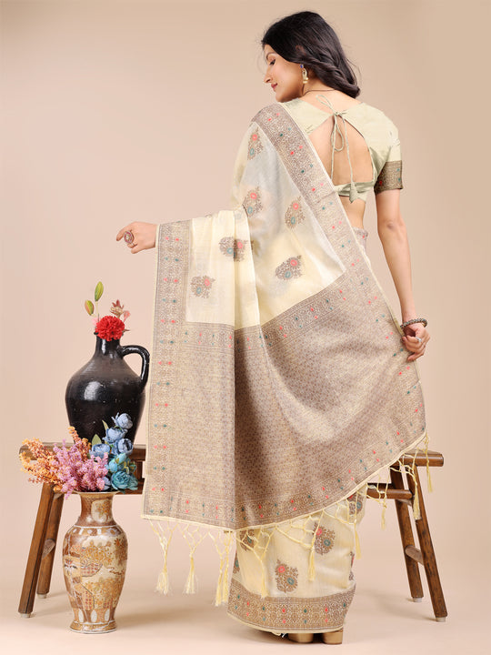 Cream Cotton Saree With Blouse Piece
