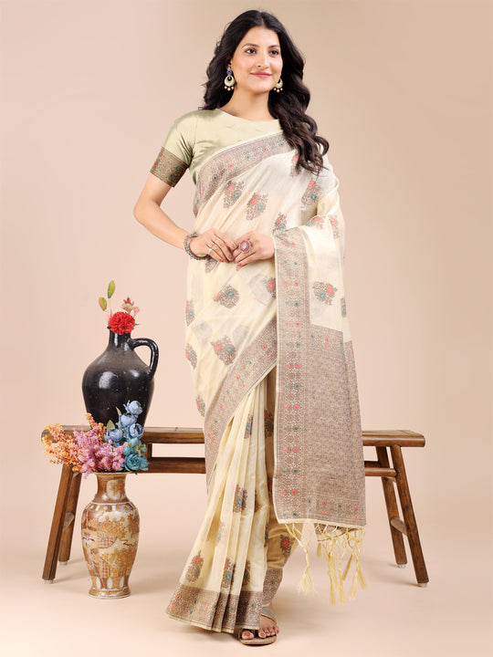 Cream Cotton Saree With Blouse Piece