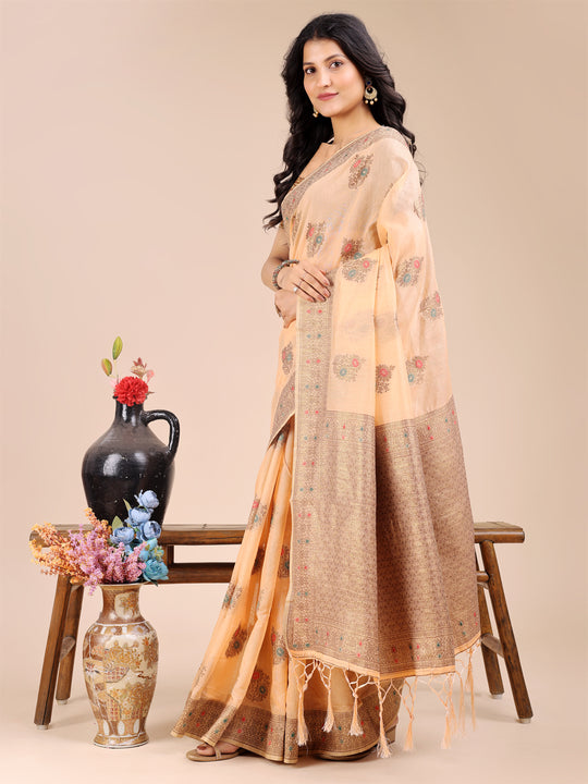 Peach Cotton Saree With Blouse Piece
