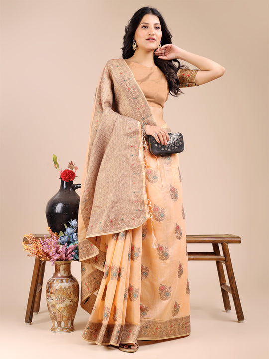 Peach Cotton Saree With Blouse Piece