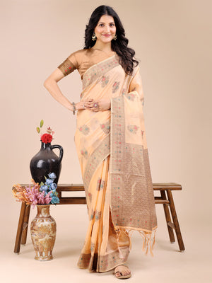 Peach Cotton Saree With Blouse Piece