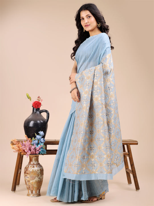 Sky Blue Cotton Saree With Blouse Piece