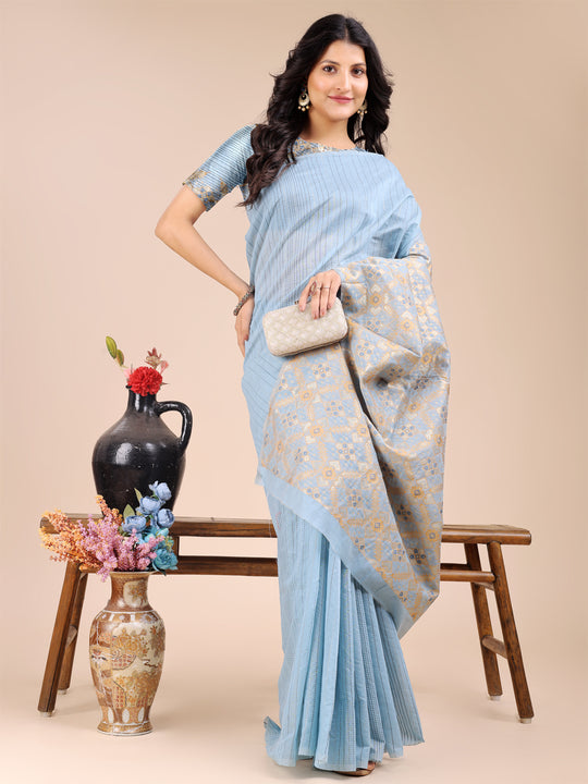 Sky Blue Cotton Saree With Blouse Piece
