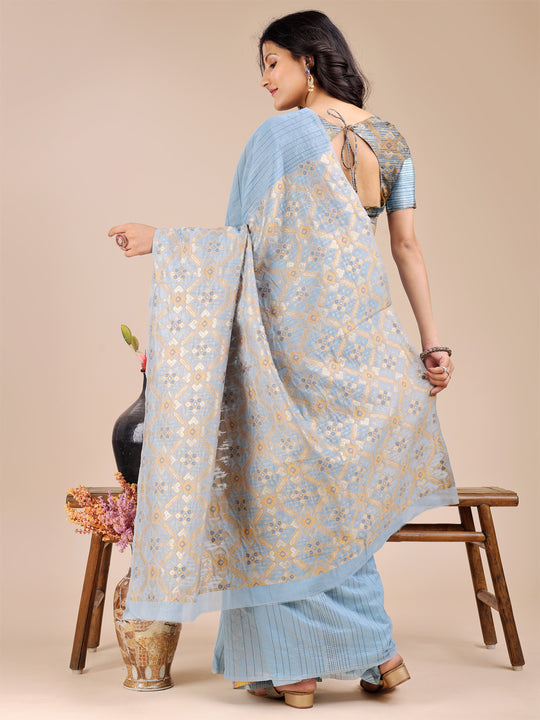 Sky Blue Cotton Saree With Blouse Piece