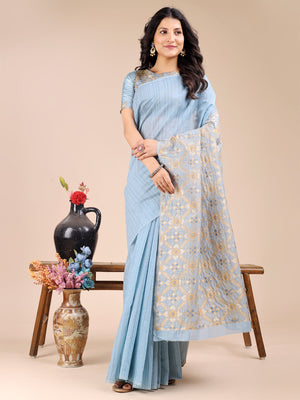 Sky Blue Cotton Saree With Blouse Piece