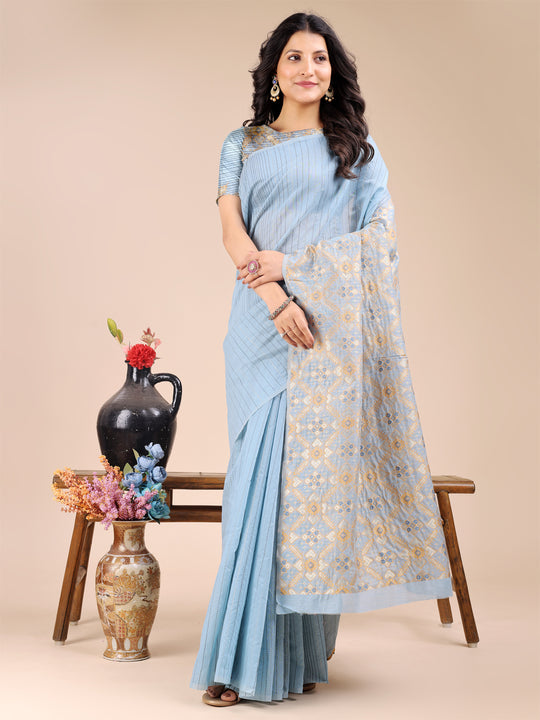 Sky Blue Cotton Saree With Blouse Piece