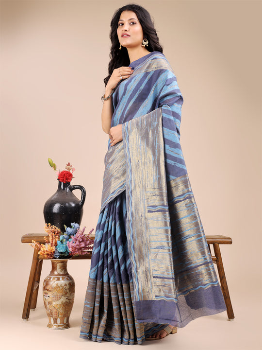 Blue Cotton Saree With Blouse Piece