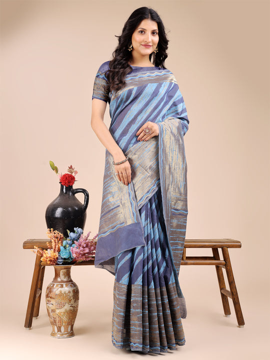Blue Cotton Saree With Blouse Piece
