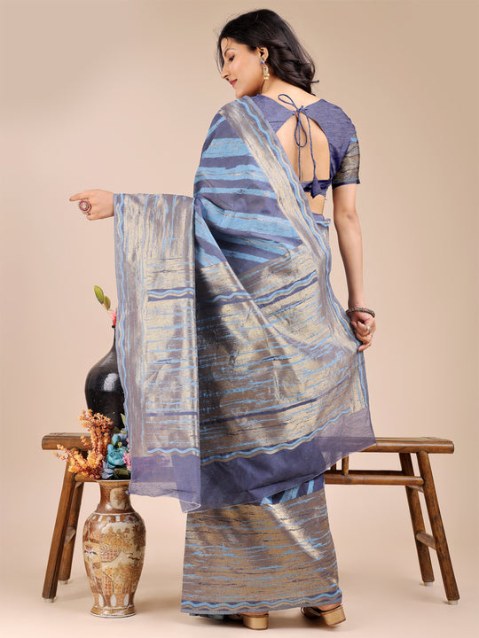 Blue Cotton Saree With Blouse Piece
